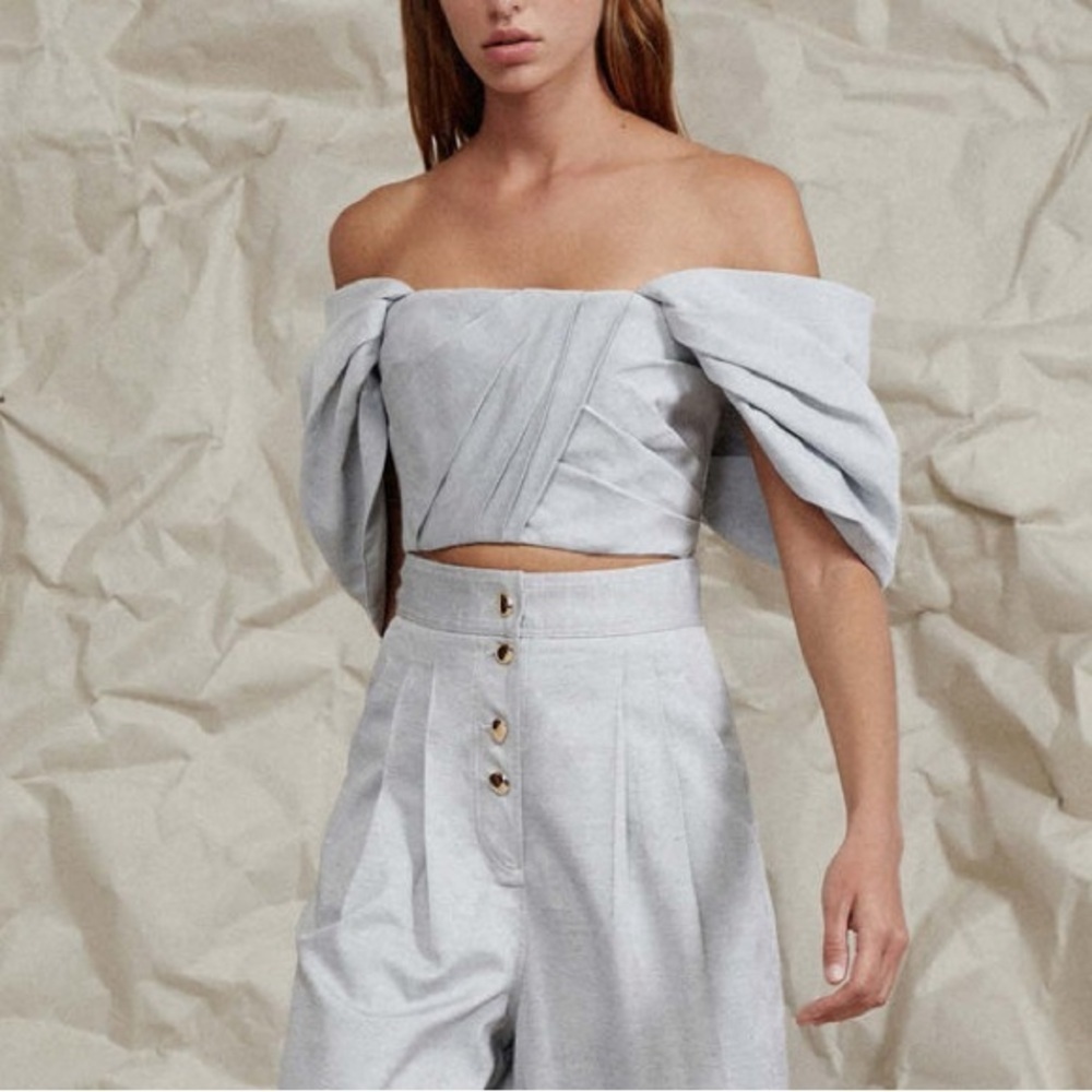 Off-Shoulder Puff Sleeve Crop Top - Light Gray